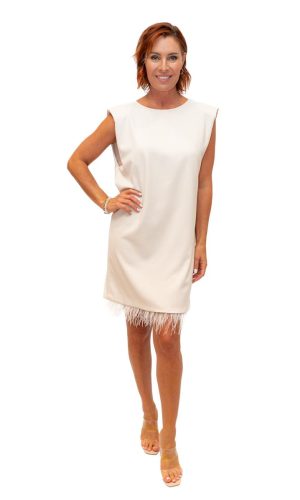 Shangrila- Cream- Woven scoop neck Dress with feather trim