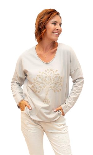 Trina -Beige- Cotton long sleeve T with tree embroidery