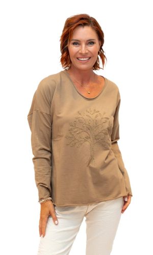 Trina- Camel- Cotton long sleeve T with tree embroidery