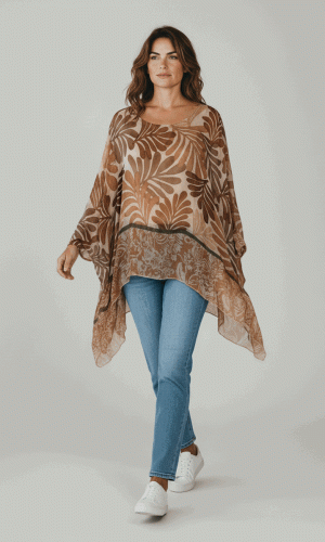 Attwood Top- Beige- Monsteria style print silk batwing tunic