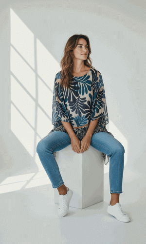 Attwood Top- Navy- Monsteria style print silk batwing tunic