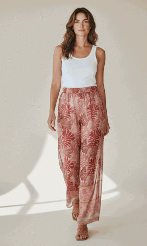 Attwood Pant- Pink- Monsteria style print silk pant