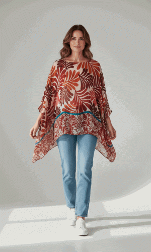 Attwood Top- Bordeaux- Monsteria style print silk batwing tunic