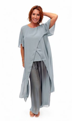 Avida- Mid Grey- Sleeved side drape silk top