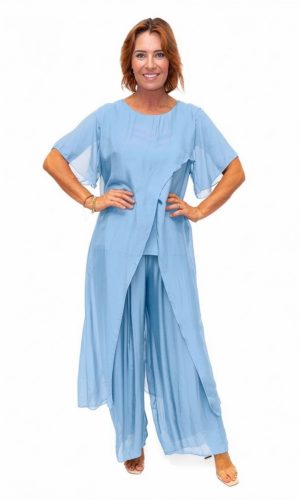 Avida-Sky- Sleeved side drape silk top