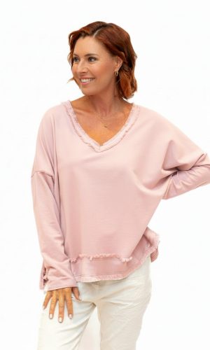 Baker- Baby Pink V Neck Fray Trim Satin hem cotton L/S Top