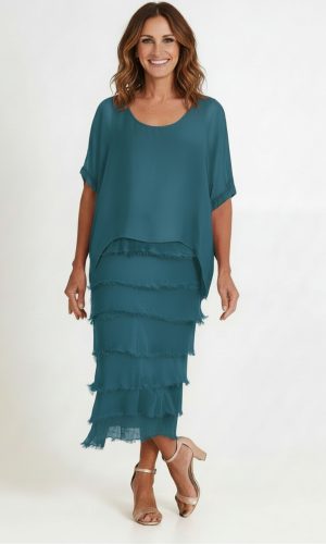 Elegance -Petrol-Layered silk dress with batwing top