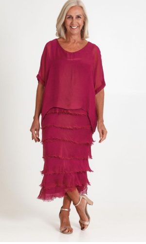 Elegance -Bordeaux-Layered silk dress with batwing top