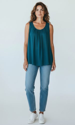 Eliotte- Teal- Simple round neck silk tunic