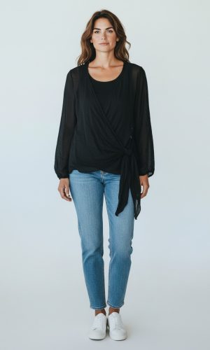 Iona- Black- Silk wrap top with long sleeve undertop