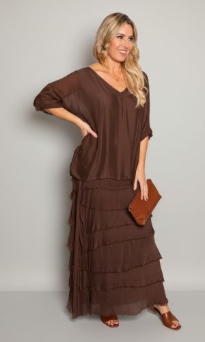 Jemima- Chocolate- V Neck longer Silk top