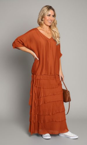 Jemima- Rust- V Neck longer Silk top