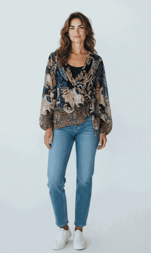 Keegan- Navy- Silk Printed wrap top with Camisole
