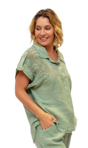 Mariner Shirt -Khaki- Linen shirt with mesh and sequin yolk insert