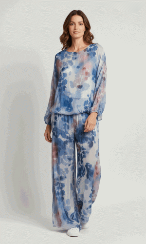Melissa Set- Blue- Botanical Print Silk Long Sleeve Top and Pants