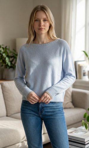 Shanti- LtBlue/Beige- Shanti 100% Wool Sweater with Trim