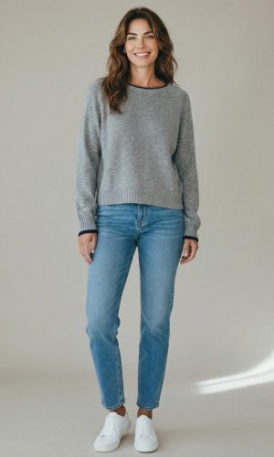 Shanti- Grey/Navy- Shanti 100% Wool Sweater with Trim