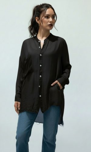 Celtine- Black- Sheer silk Overshirt raw hem back gather
