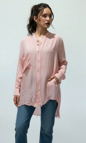 Celtine- Baby Pink- Sheer silk Overshirt raw hem back gather