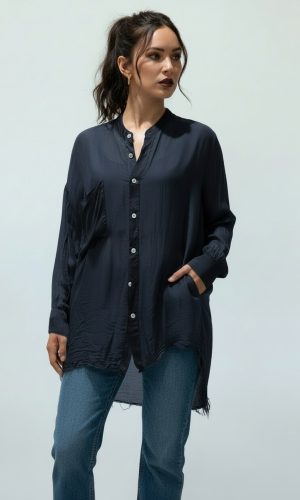 Celtine- Navy- Sheer silk Overshirt raw hem back gather