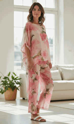 Tana Set- Pink- Silk Short sleeve watercolour Batwing and Pant