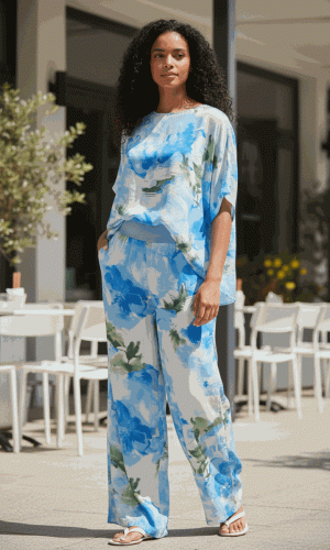 Tana Set- LtBlue- Silk Short sleeve watercolour Batwing and Pant