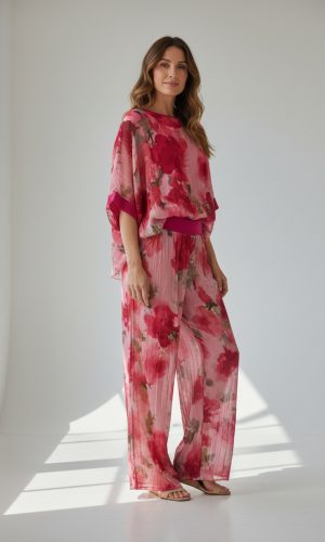 Tana Set- Fuchsia- Silk Short sleeve watercolour Batwing and Pant