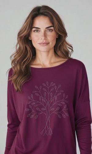 Trina -Grape- Cotton long sleeve T with tree embroidery