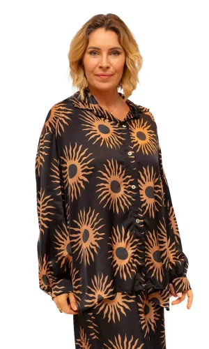 Westmont Shirt- Black/Orange- Silk Mix silky shirt with sun print