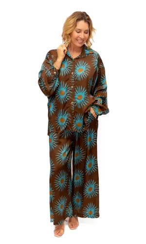 Westmont Pant- Choc/Turq- Silk Mix silky pant with sun print