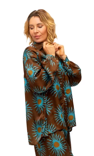 Westmont Shirt- Choc/Turq- Silk Mix silky shirt with sun print