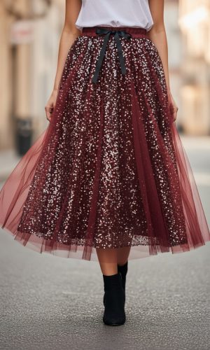 Trinny Skirt -Bordeaux- Sequin skirt with tulle overlay