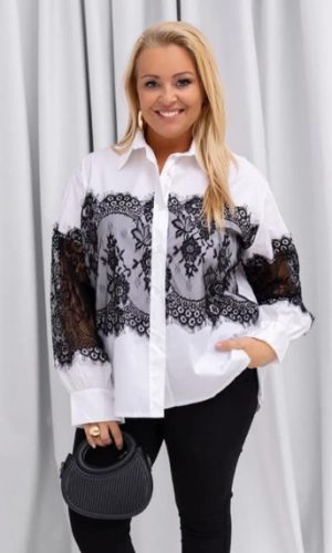 Mantilla- White Black- Cotton shirt with lace panel and sleeve inseerts