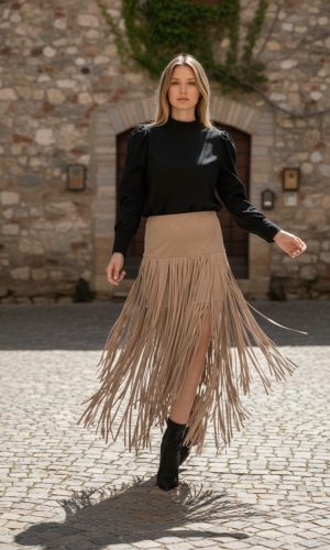 Swish- Beige- Suedex Tassel Skirt - 2 sizes