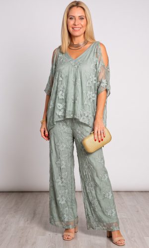 Linnea Set - Khaki- Embroidered silk top and pants