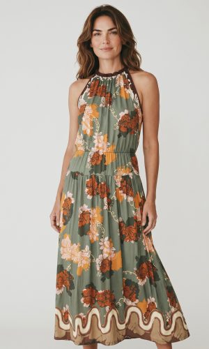 Graduate- Khaki Floral- Elegant layered satin dress