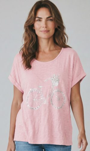 Cicli- Pink- Linen front cotton top with bicycle print