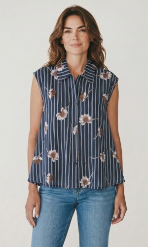 Breeze- Navy Floral- Cottoncropped swing shirt with floral and stripe