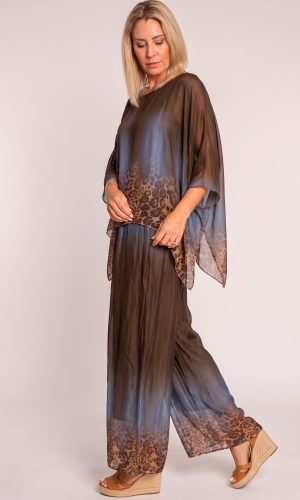 Selina -Chocolate- Ombre leopard trim silk set