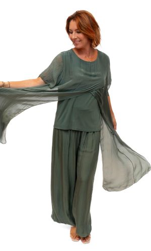 Avida- Olive-short sleeved side drape silk top