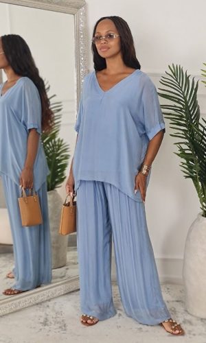 Faustina -Celeste-Silk Straight Leg Trousers