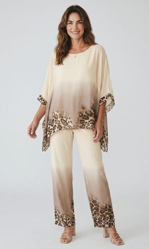Selina -Beige- Ombre leopard trim silk set