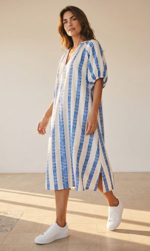 Meli- Blue- Brocade a line linen dress with puff sleeve