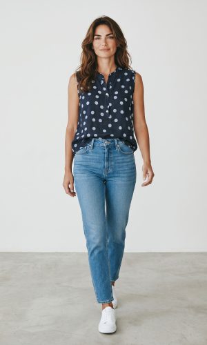 Pois- Navy/Denim- Linen Spot sleeveles shirt with johhny collar