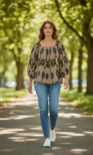 Pandora Taupe Peasant Sleeved Top 100% Cotton