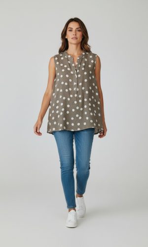 Pois- Taupe/White- Linen Spot sleeveles shirt with johhny collar