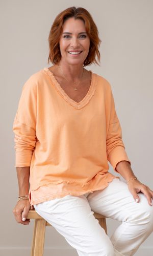 Baker- Rockmelon-V Neck Fray Trim Satin hem cotton L/S Top