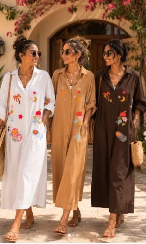 Hollibobs- Camel Long shirt dress with embroidery