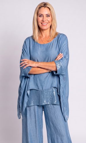 Adeline Pant- Denim- Silk pant with open hem and soft band