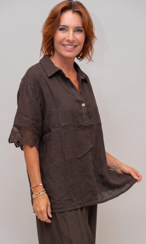 Goleta- Chocolate - Linen shirt lace sleeve trim